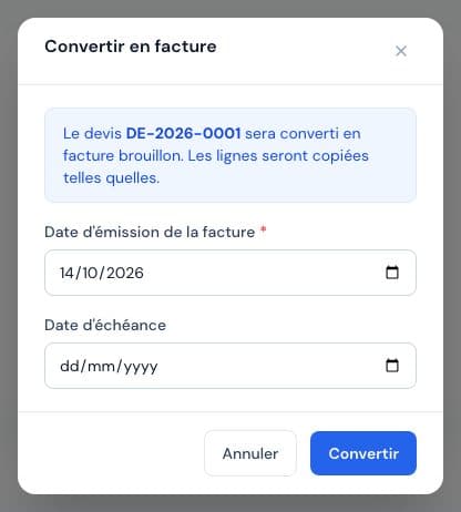 Conversion d'un devis en facture