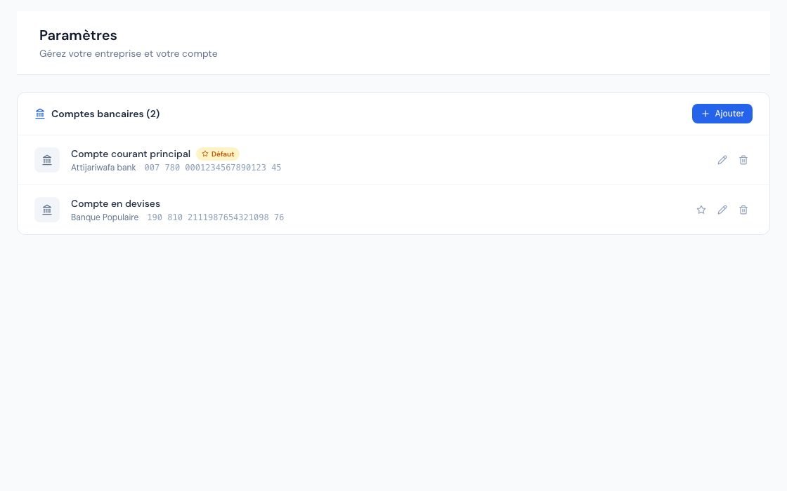 La page Comptes bancaires avec deux comptes, dont le compte par défaut