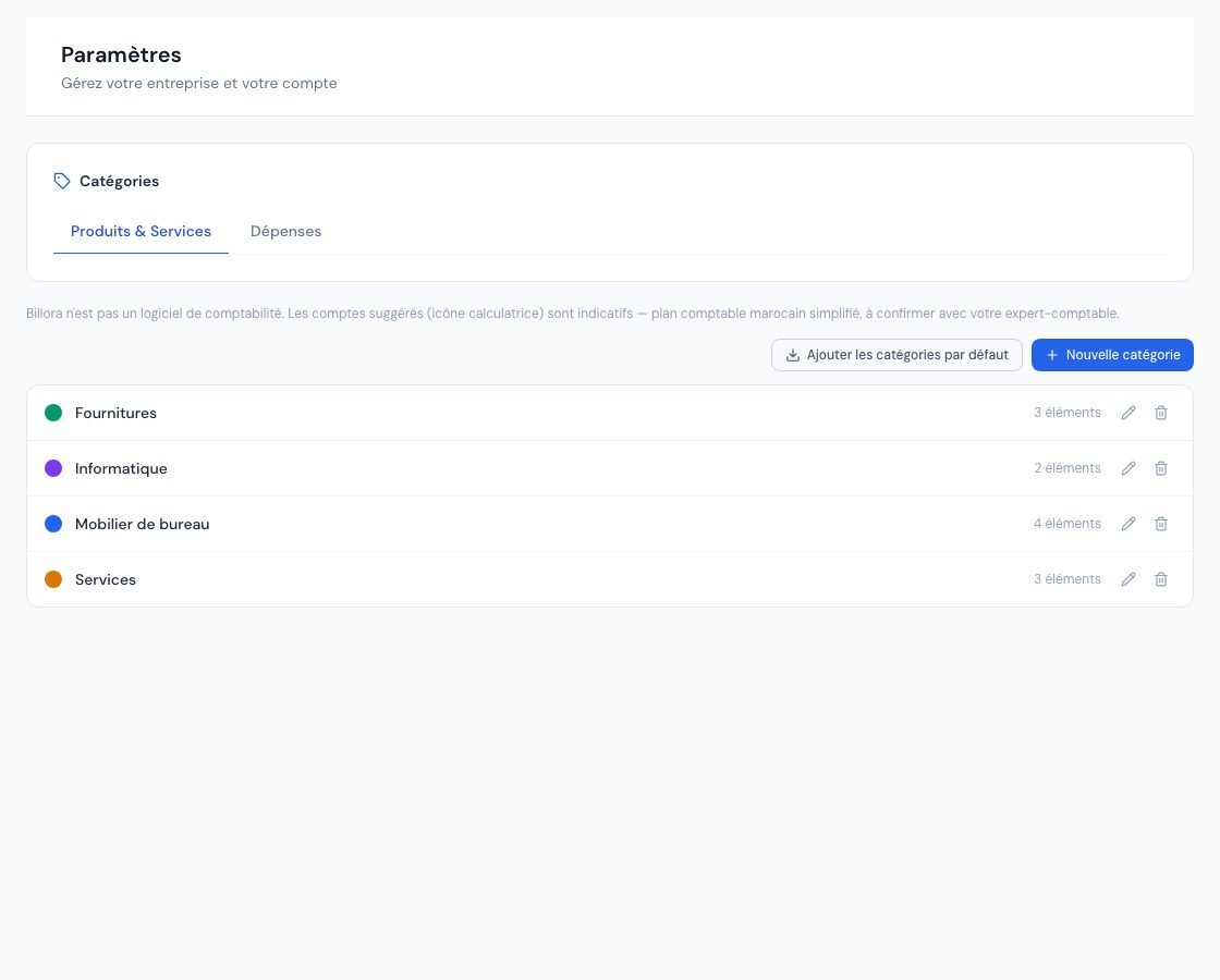 The « Catégories » (Categories) page with the product and expense categories