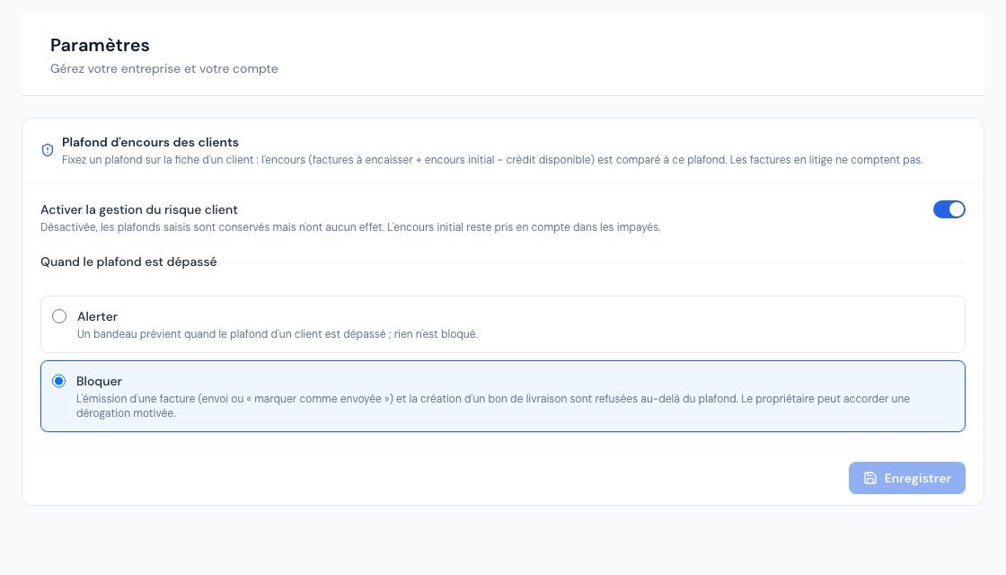 La page Risque client des paramètres : activation et mode de contrôle