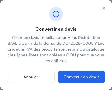 La fenêtre de confirmation Convertir en devis