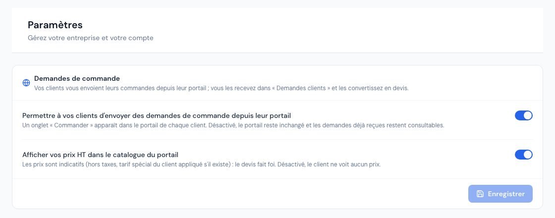 La page Portail client des paramètres avec les deux interrupteurs des demandes de commande