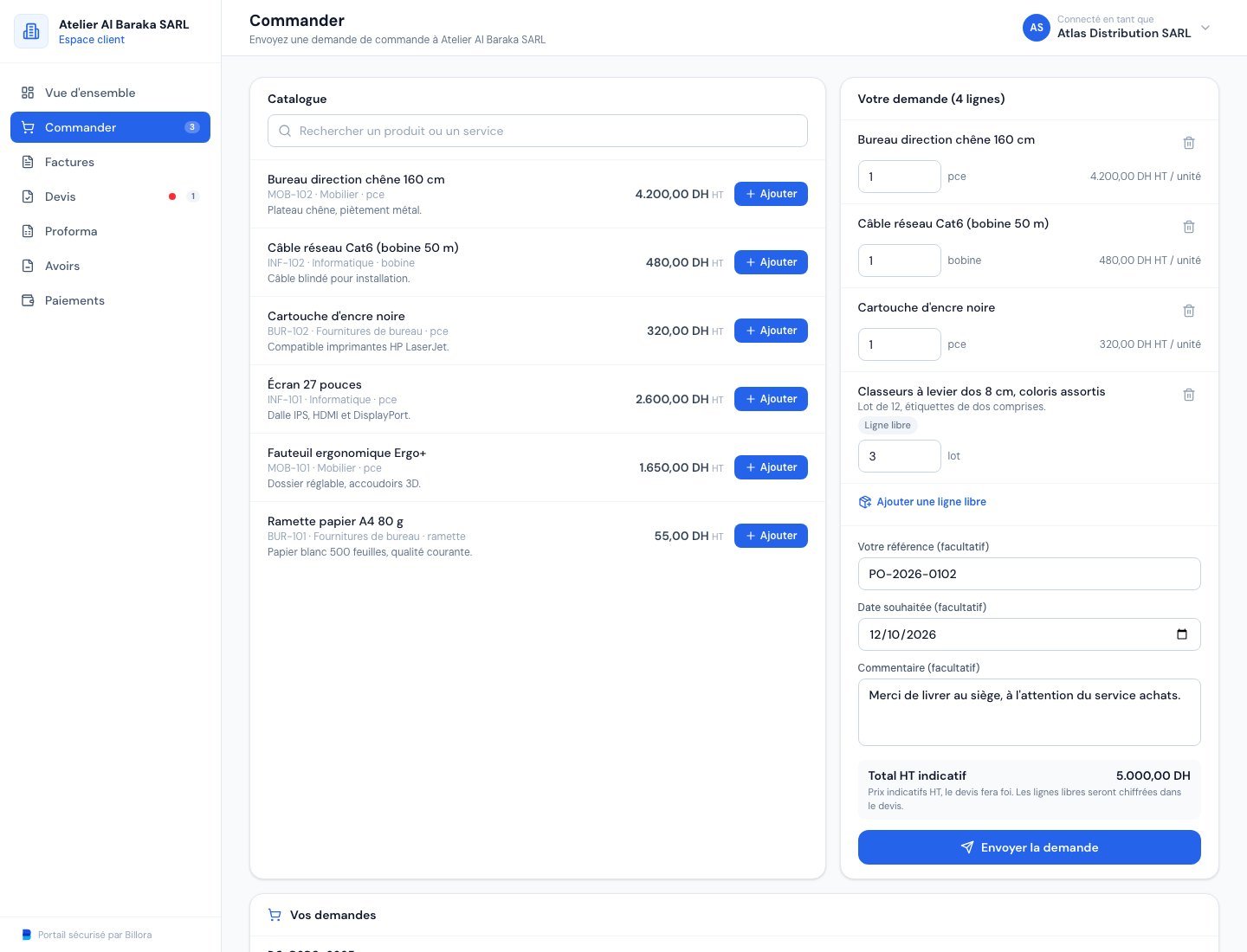 L'onglet Commander du portail client avec le catalogue, la demande en cours et une ligne libre