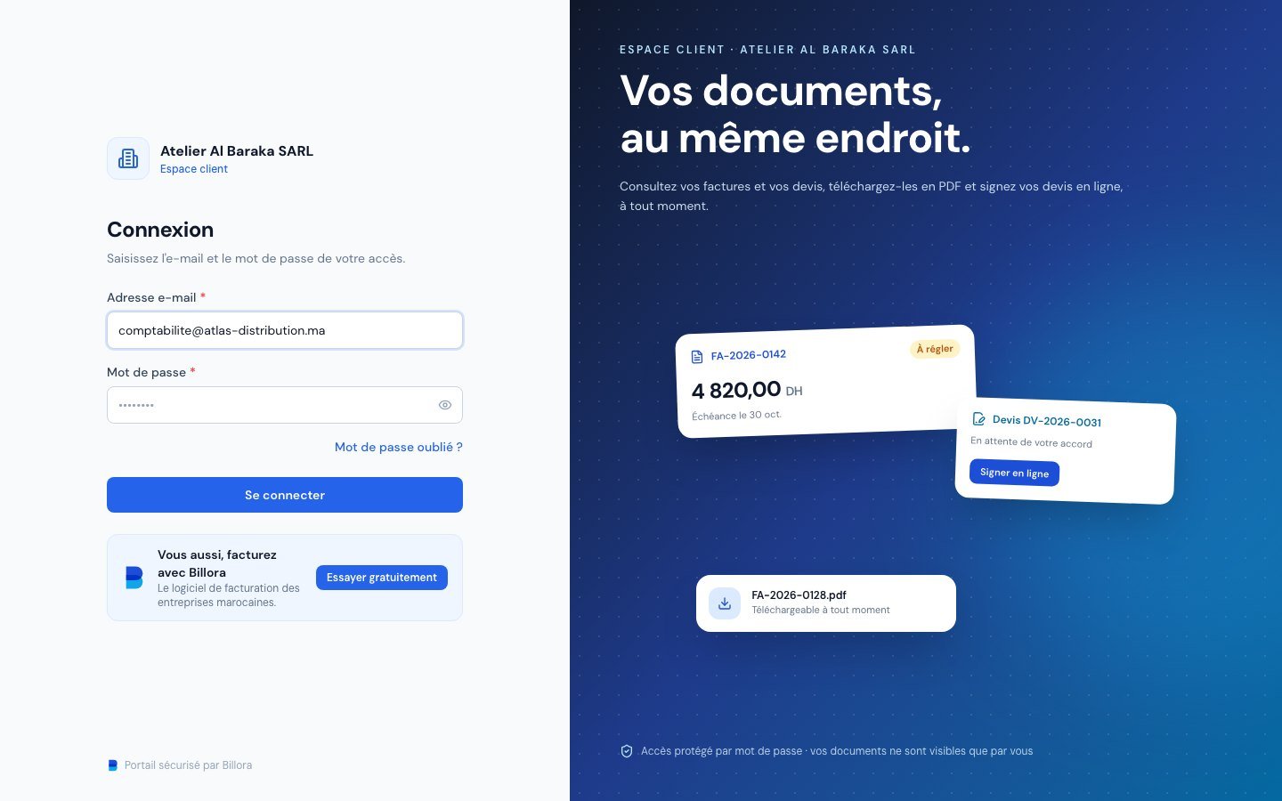 La page de connexion du portail client