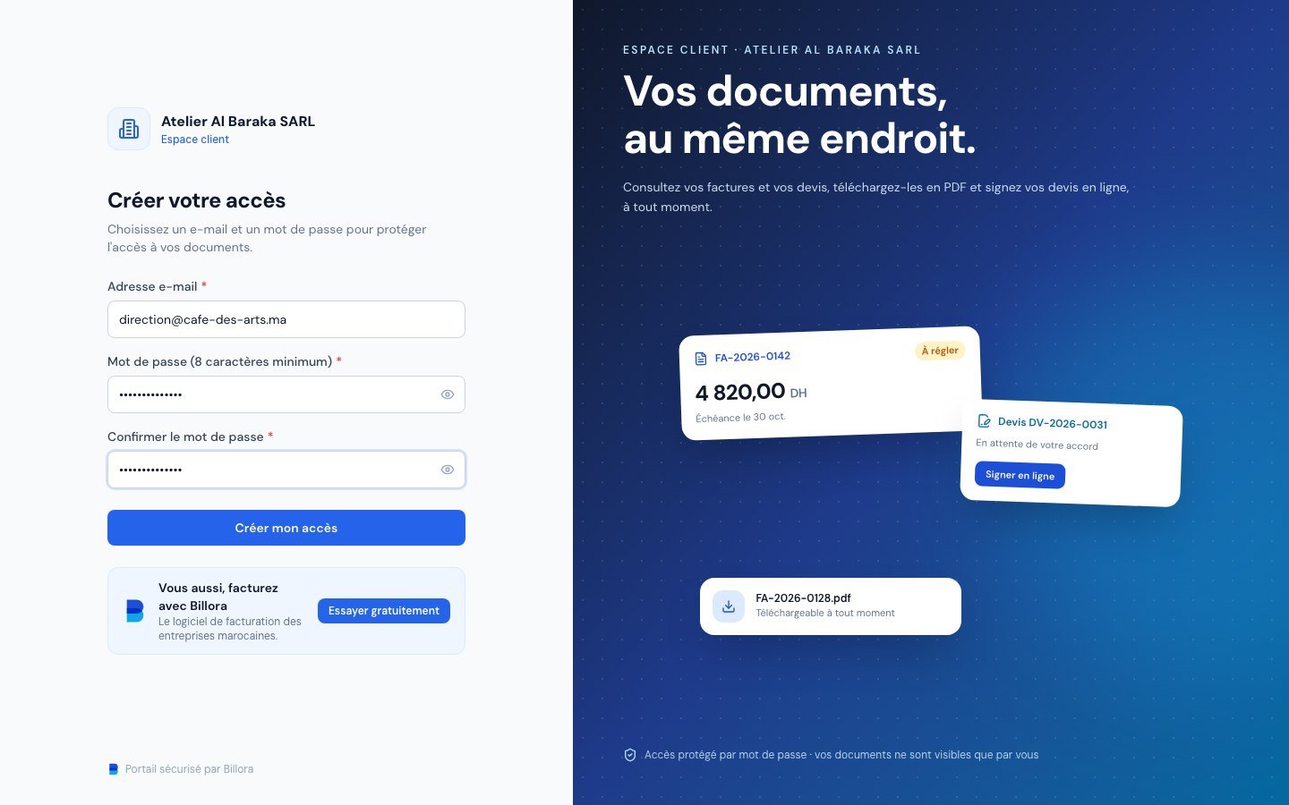 La page Créer votre accès du portail client