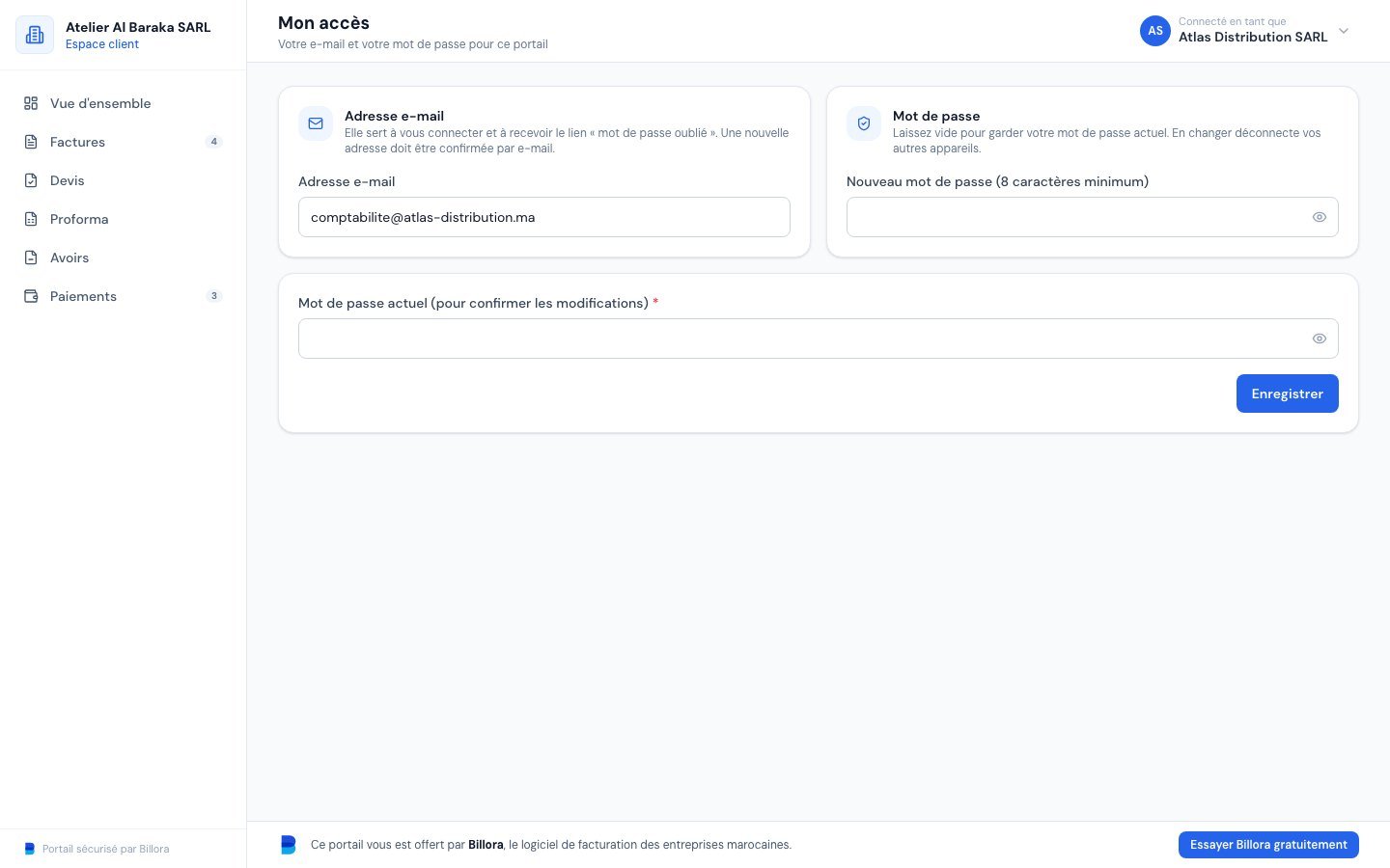 La page Mon accès du portail client