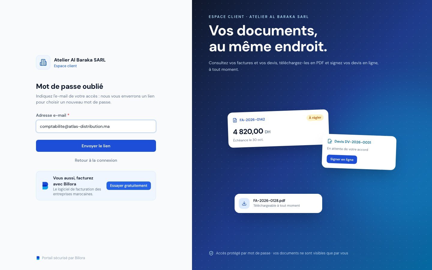La page Mot de passe oublié du portail