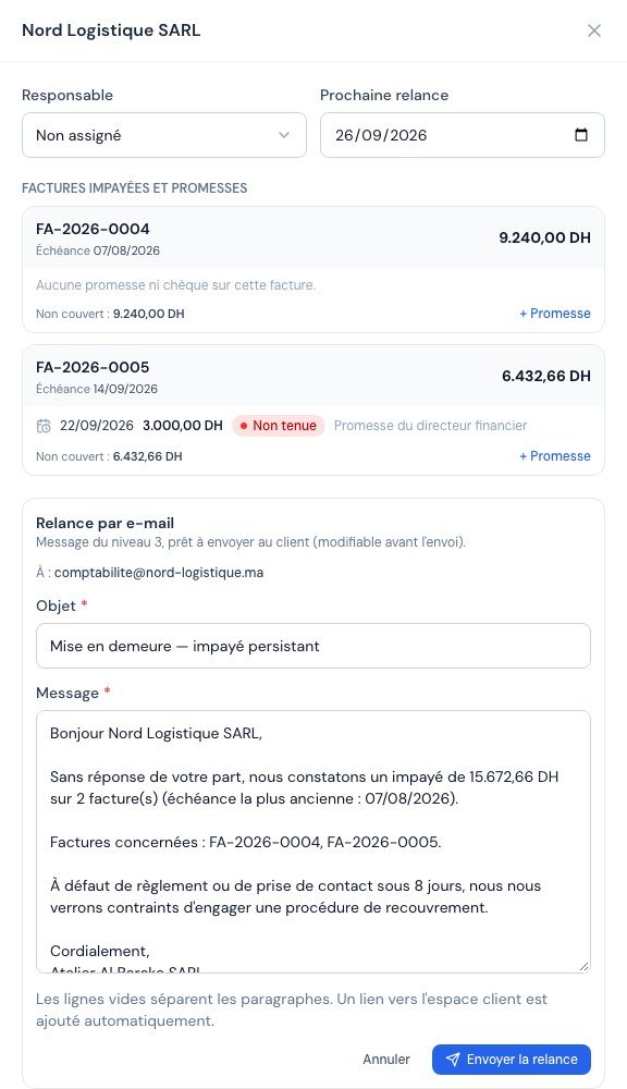 Le brouillon de relance par e-mail dans le dossier