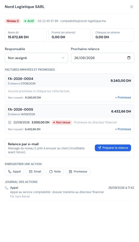 Le dossier d'un client avec ses factures, ses promesses et son journal