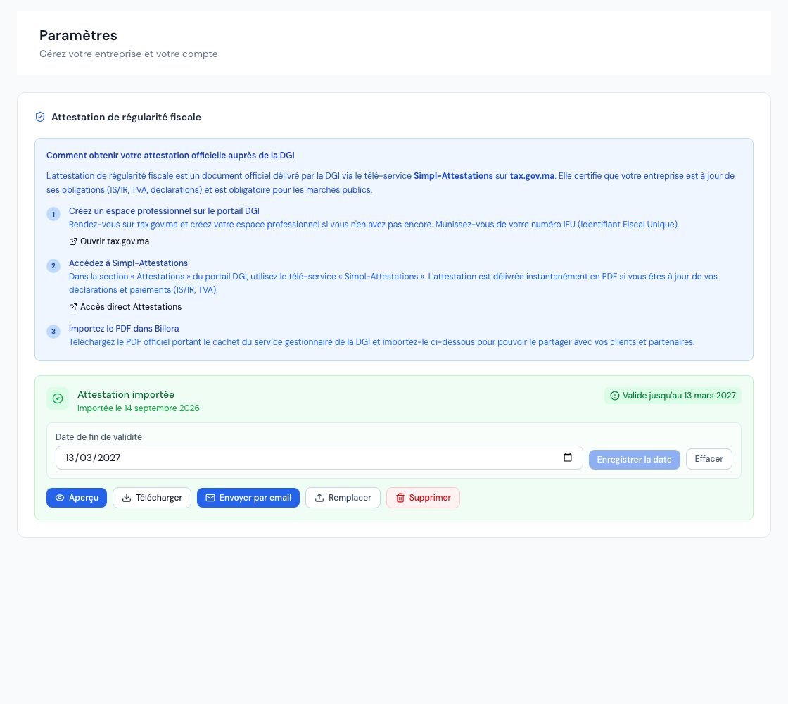 La page Attestation de régularité fiscale avec l'attestation importée et sa date de validité