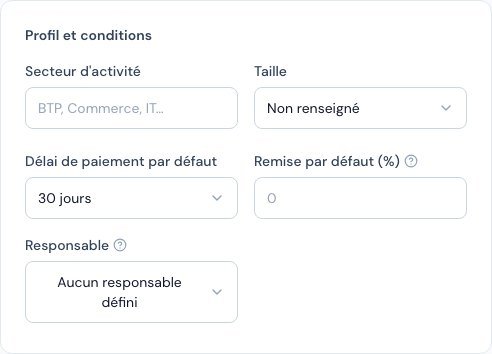 La carte Profil et conditions du formulaire client avec la remise par défaut