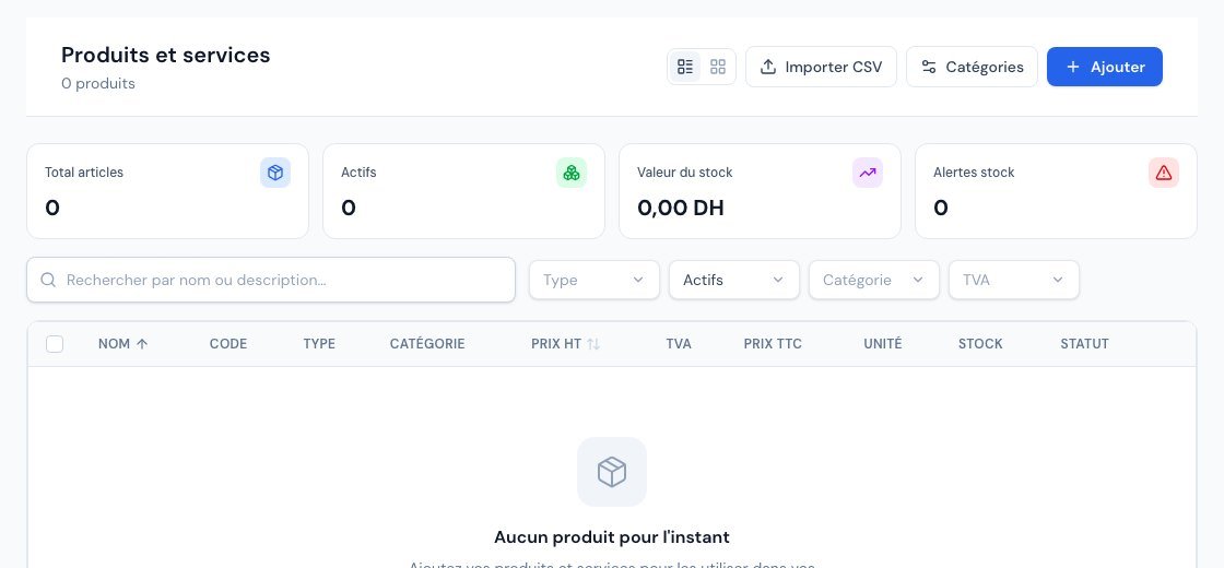 La liste des produits et services