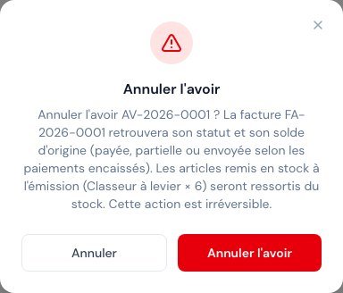 Annuler l'avoir : la confirmation prévient que les articles seront ressortis du stock