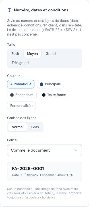 La carte Numéro, dates et conditions des paramètres du modèle de facture