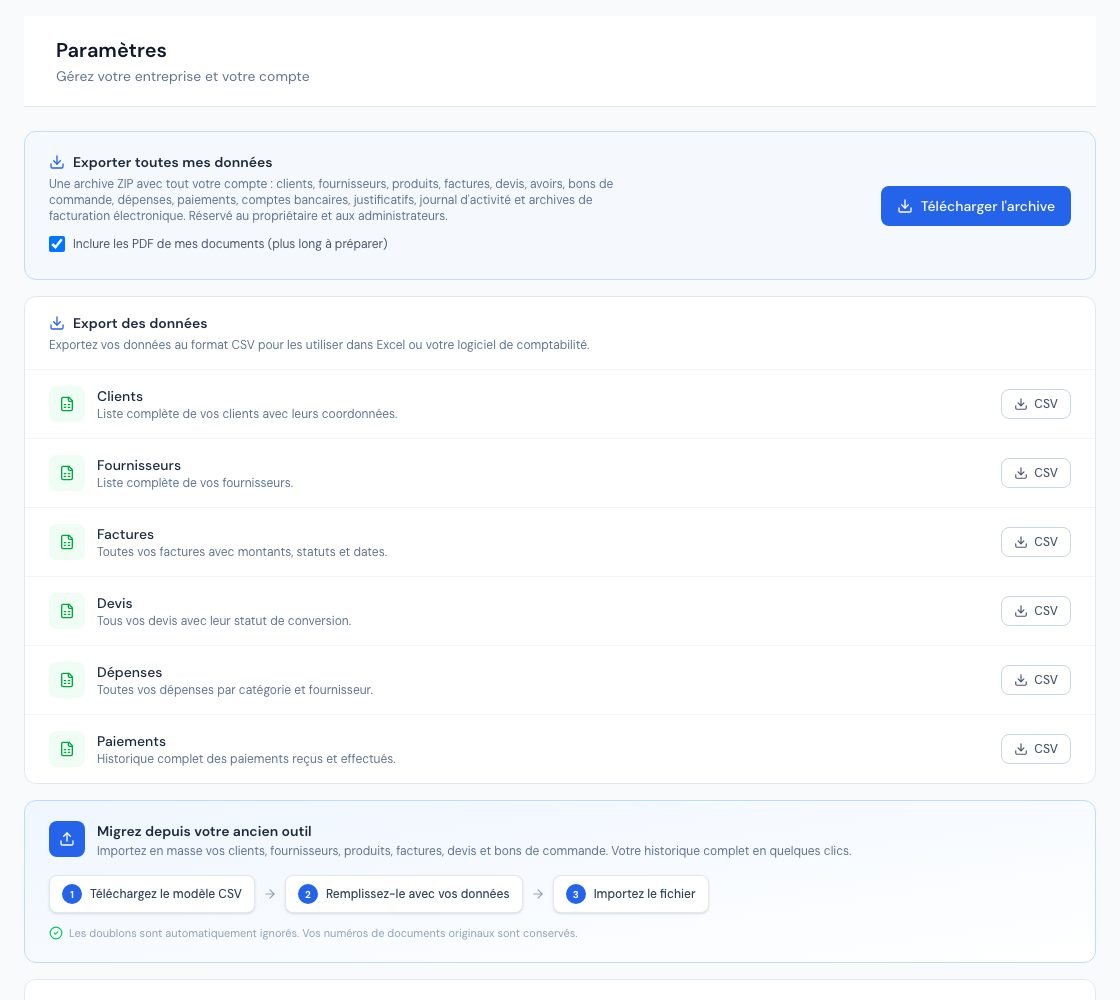 La page Import / export avec les exports CSV et l'archive complète