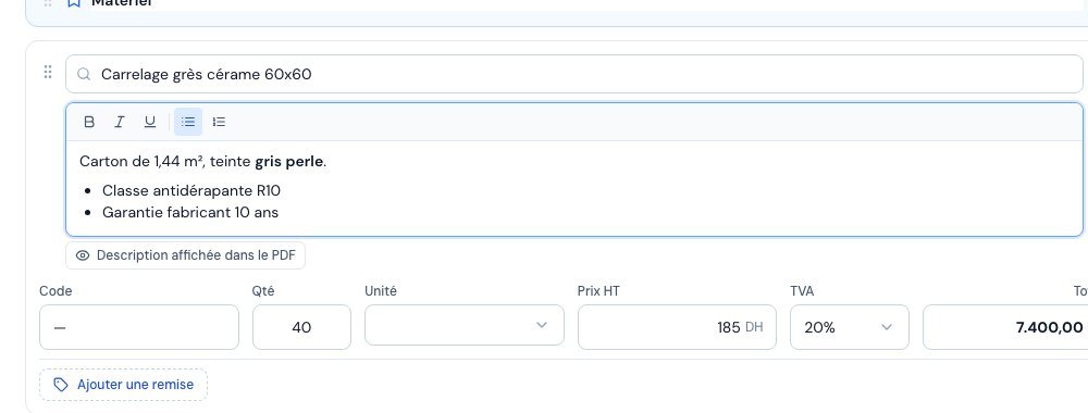 Une ligne de facture avec son nom, sa description mise en forme et la barre d'outils