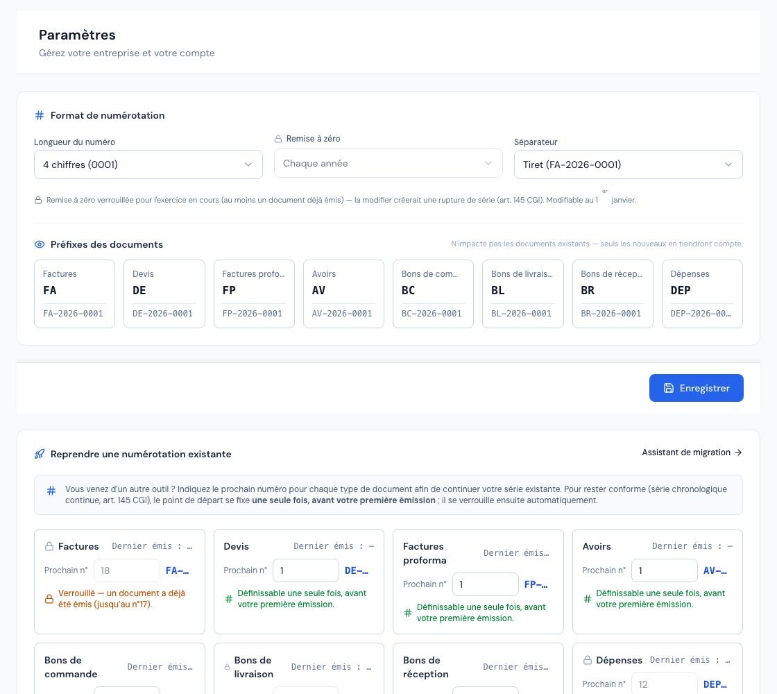 صفحة الترقيم (Numérotation) مع بادئات الوثائق ومعاينة الرقم المقبل