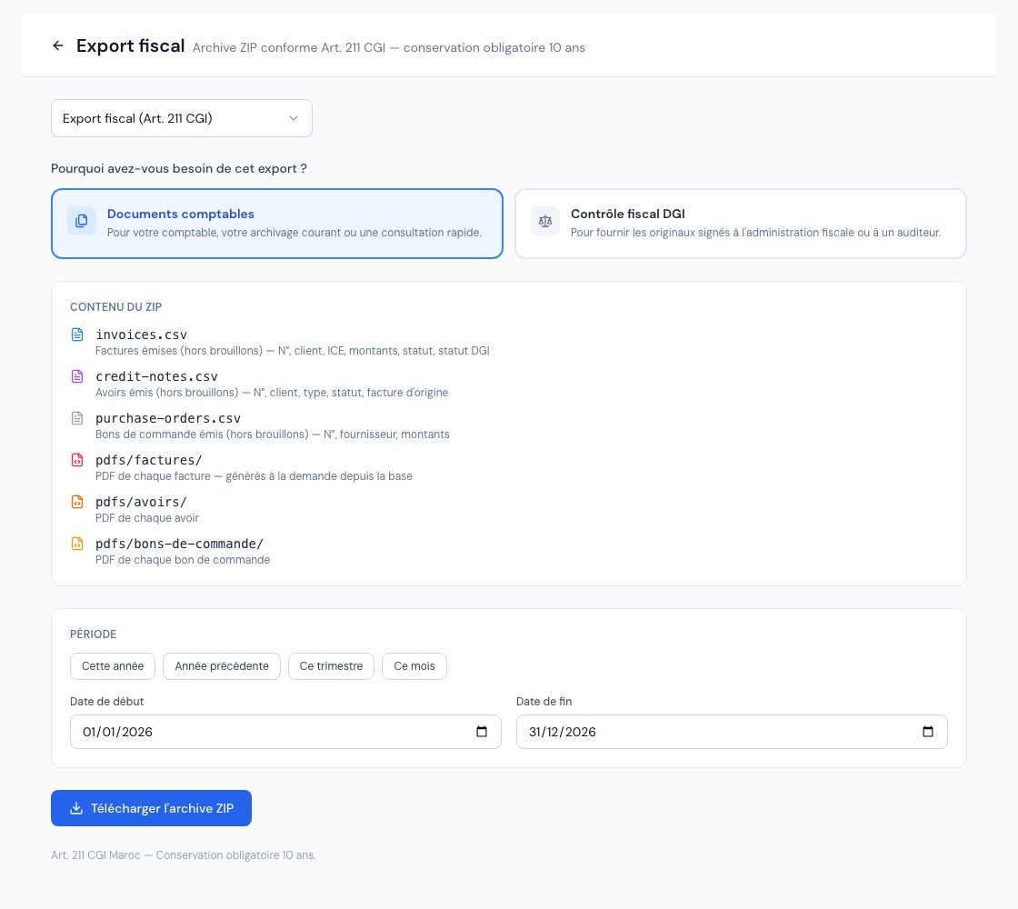 La page Export fiscal avec les deux archives à télécharger