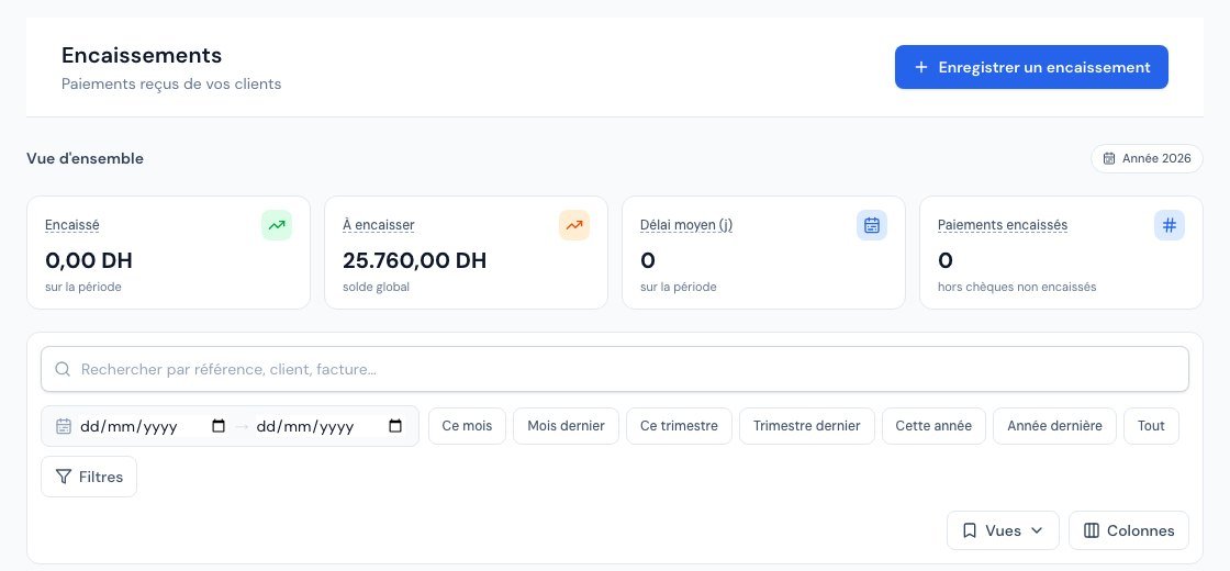 La page Paiements reçus avec le bouton « Enregistrer un encaissement »