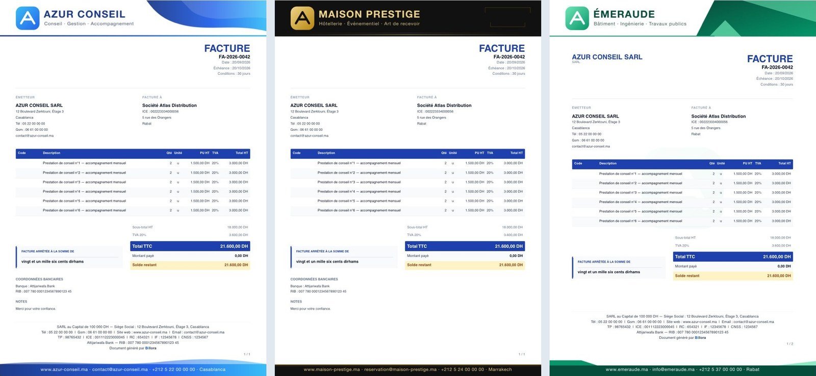Trois exemples de factures : Azur (bandeaux), Prestige (sombre et doré) et Émeraude (page entière)