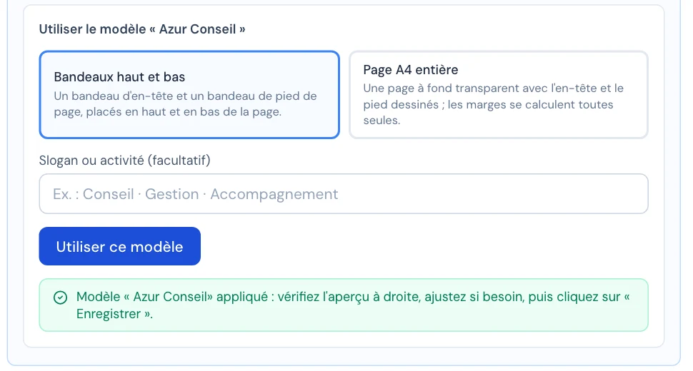 Le choix de la variante, le slogan facultatif et le bouton « Utiliser ce modèle »