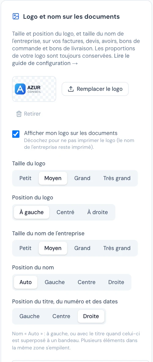 La carte « Logo et nom sur les documents » dans les paramètres