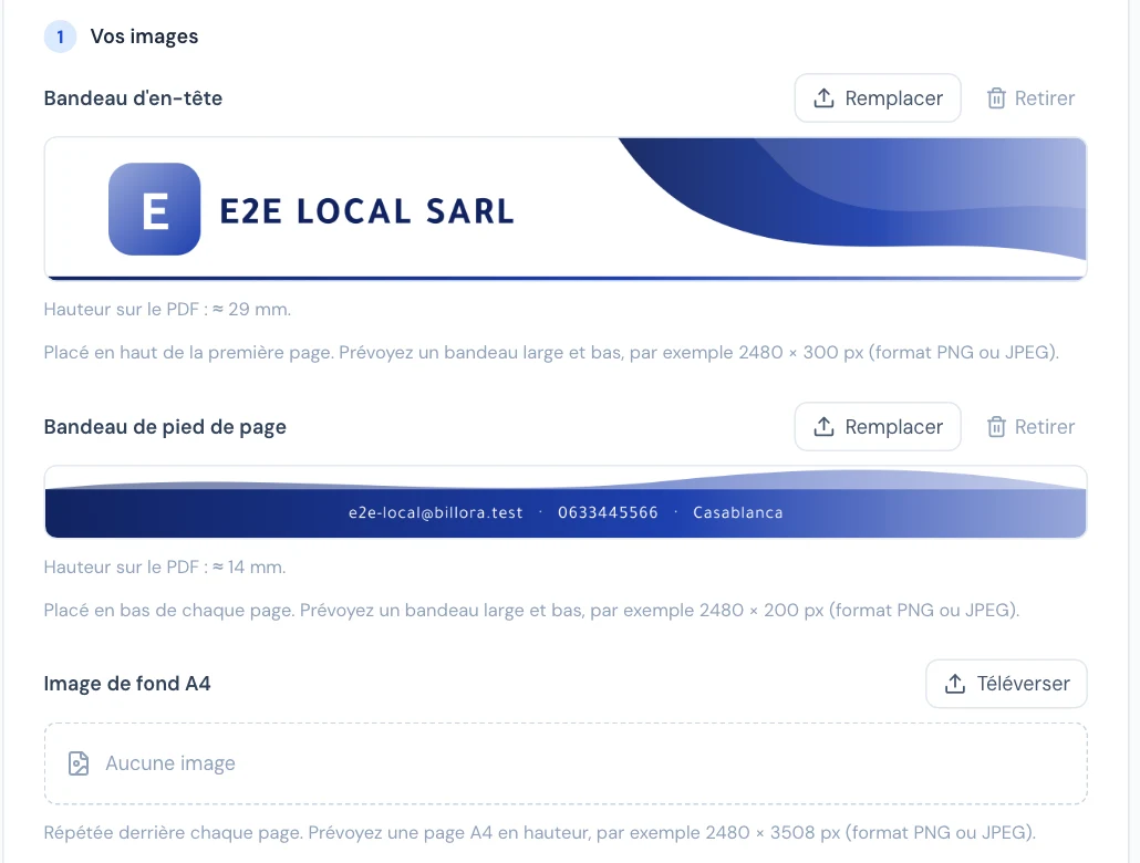Les trois emplacements d'images du papier à en-tête, avec la hauteur réelle du bandeau sur le PDF