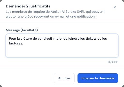 La fenêtre Demander 2 justificatifs avec le message facultatif