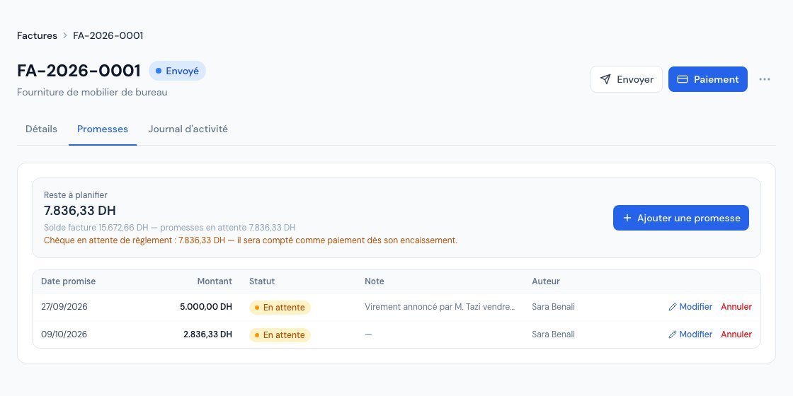 L'onglet Promesses d'une facture avec deux promesses à des dates différentes