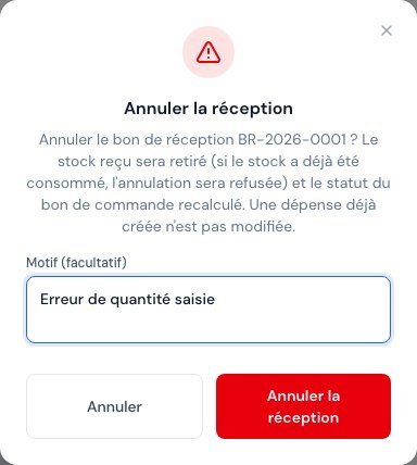 La confirmation « Annuler la réception » avec le motif facultatif