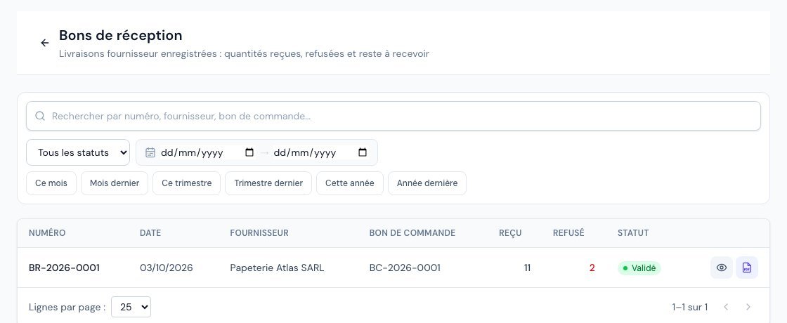 La liste des bons de réception