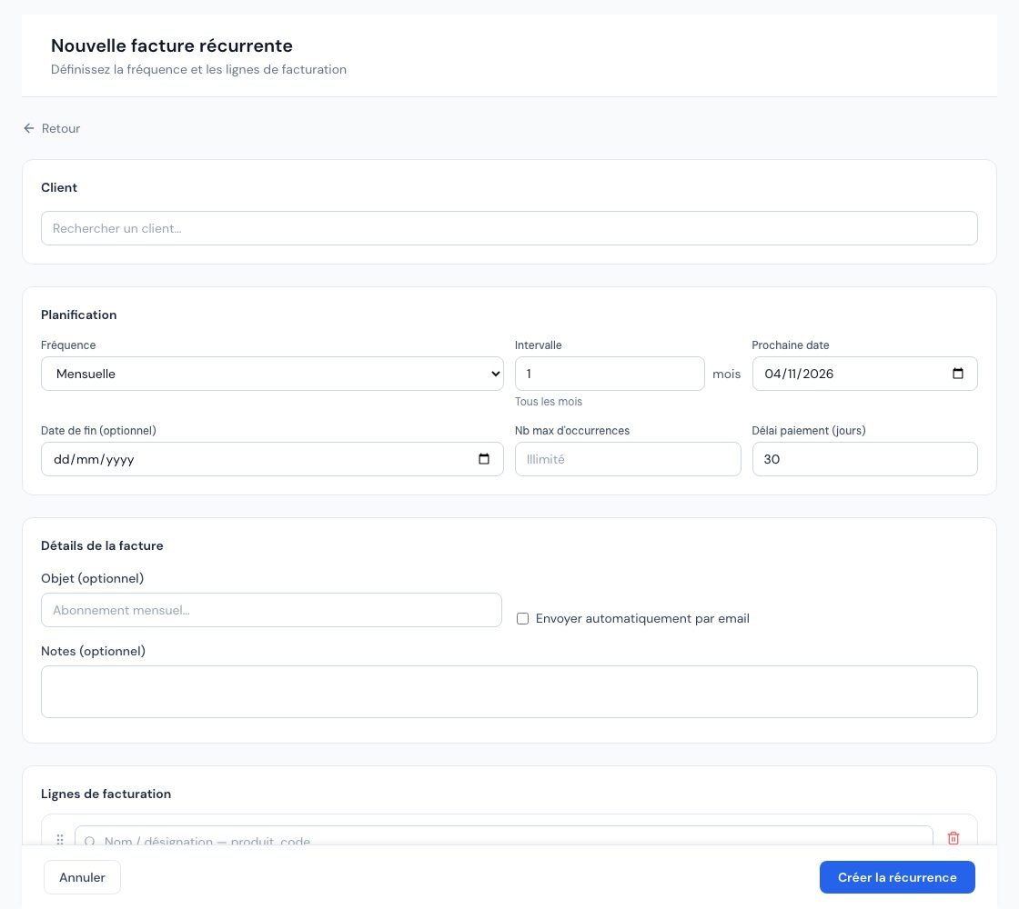 Le formulaire Nouvelle facture récurrente avec la fréquence et la prochaine date