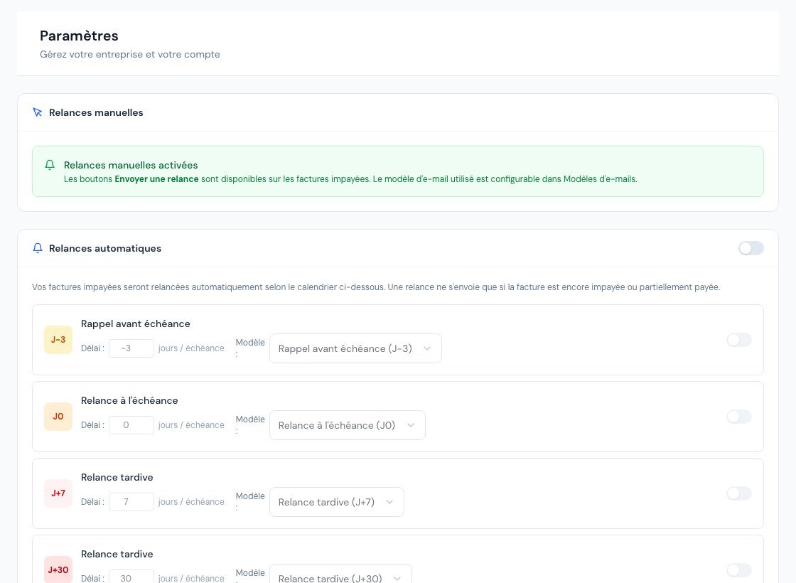 La page des paramètres de relances