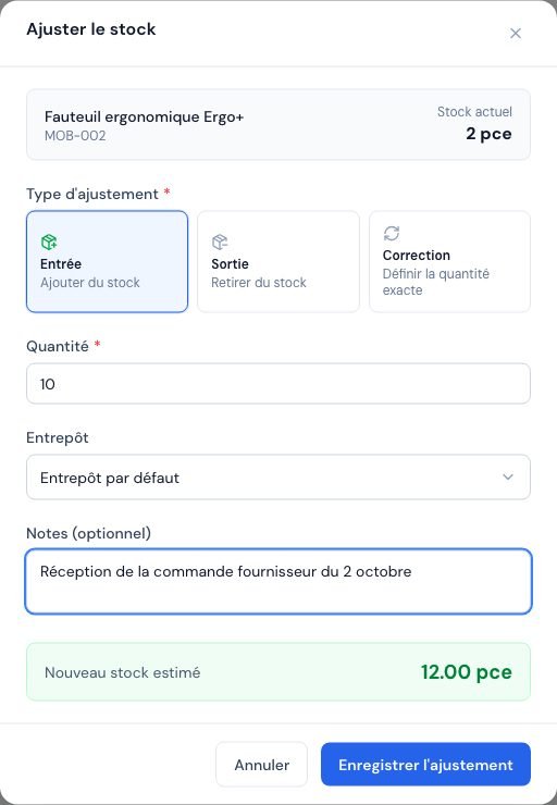 نافذة تعديل المخزون (Ajuster le stock) لمنتج مع نوع التعديل والكمية والمستودع