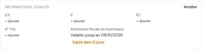 A supplier's Legal information card with the « Expire dans 12 jours » (Expires in 12 days) badge