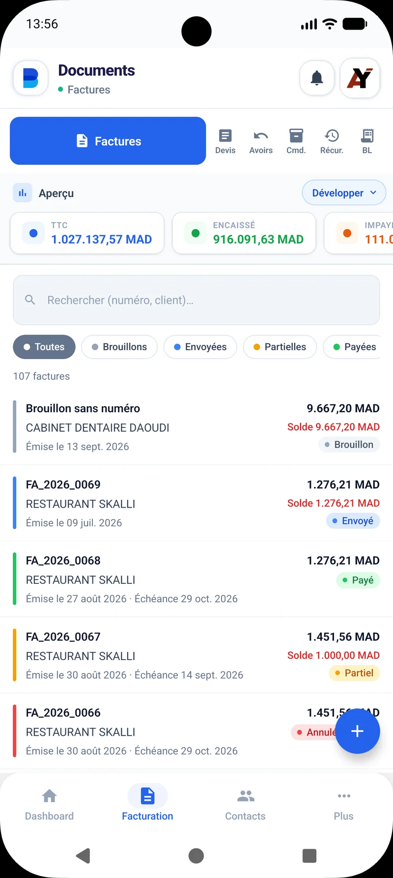 قائمة فواتير Billora على هاتف Android